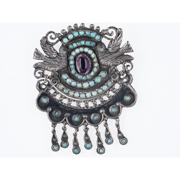 Large Vintage Matl Sterling Turquoise Amethyst repousse birds pendant/pin - Picture 1 of 5
